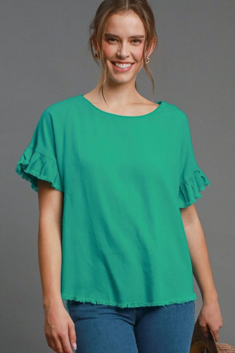 Umgee Full Size Raw Hem Ruffle Short Sleeve Blouse Plus Size Turquoise