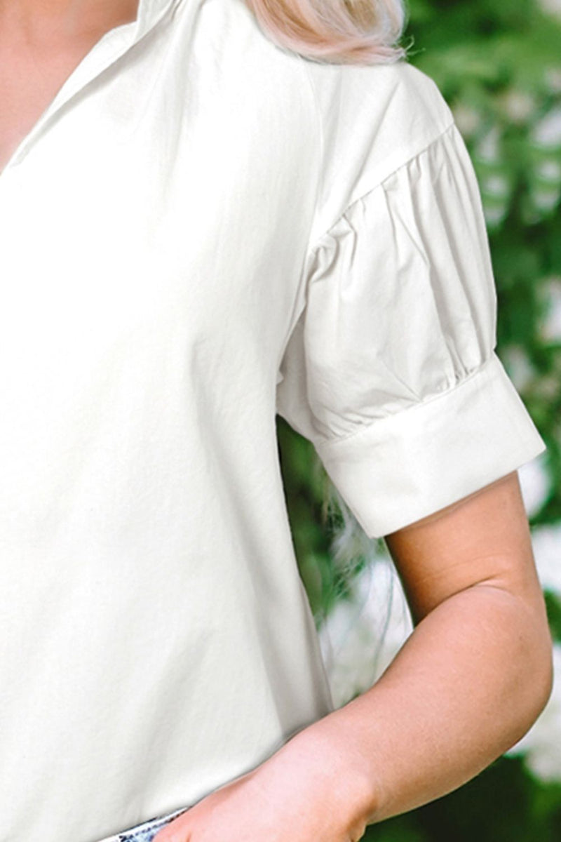 Notched Short Sleeve Blouse