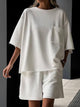 Pocketed Round Neck Half Sleeve Top and Shorts Set White