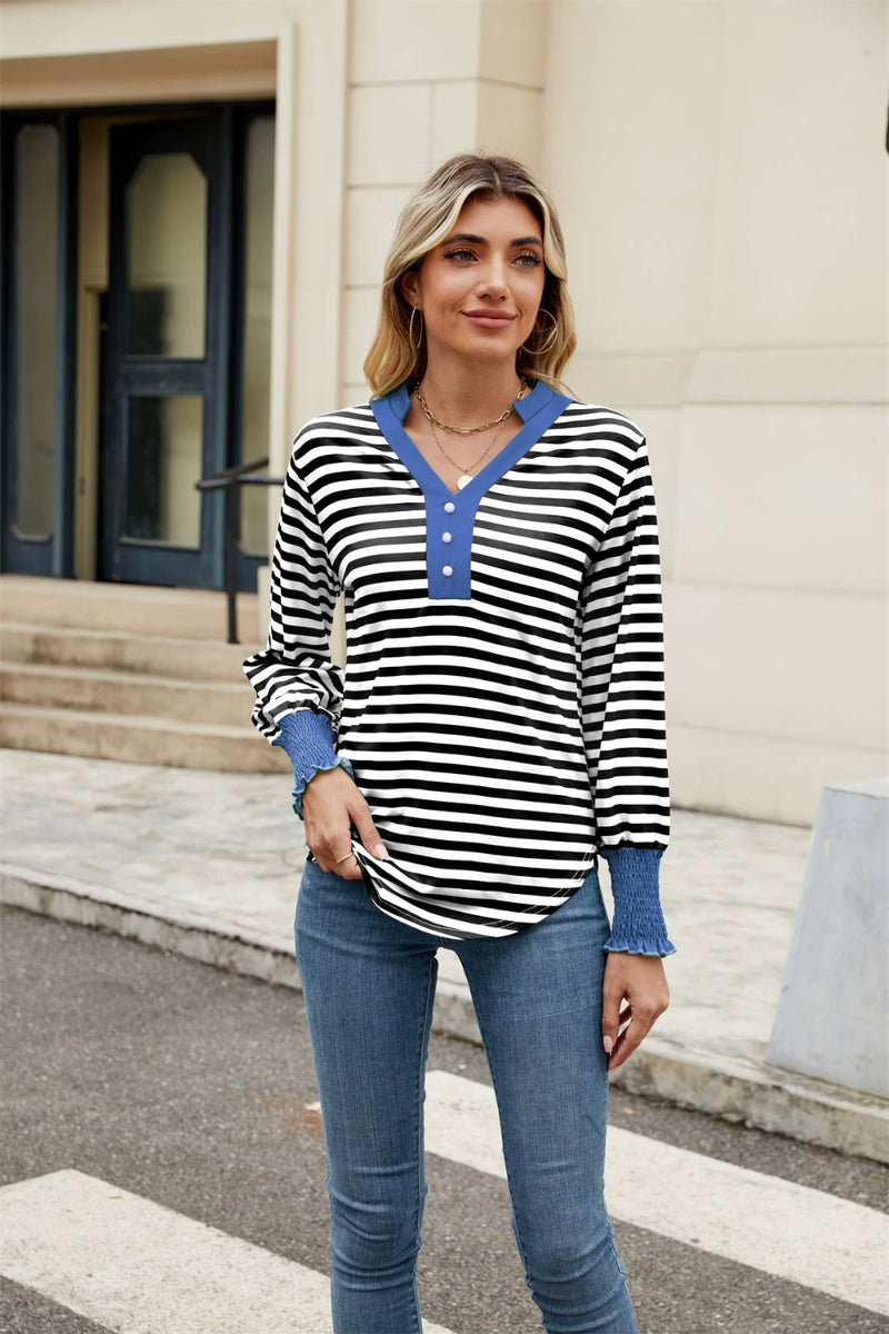 Contrast Striped Notched Long Sleeve Top Dusty Blue