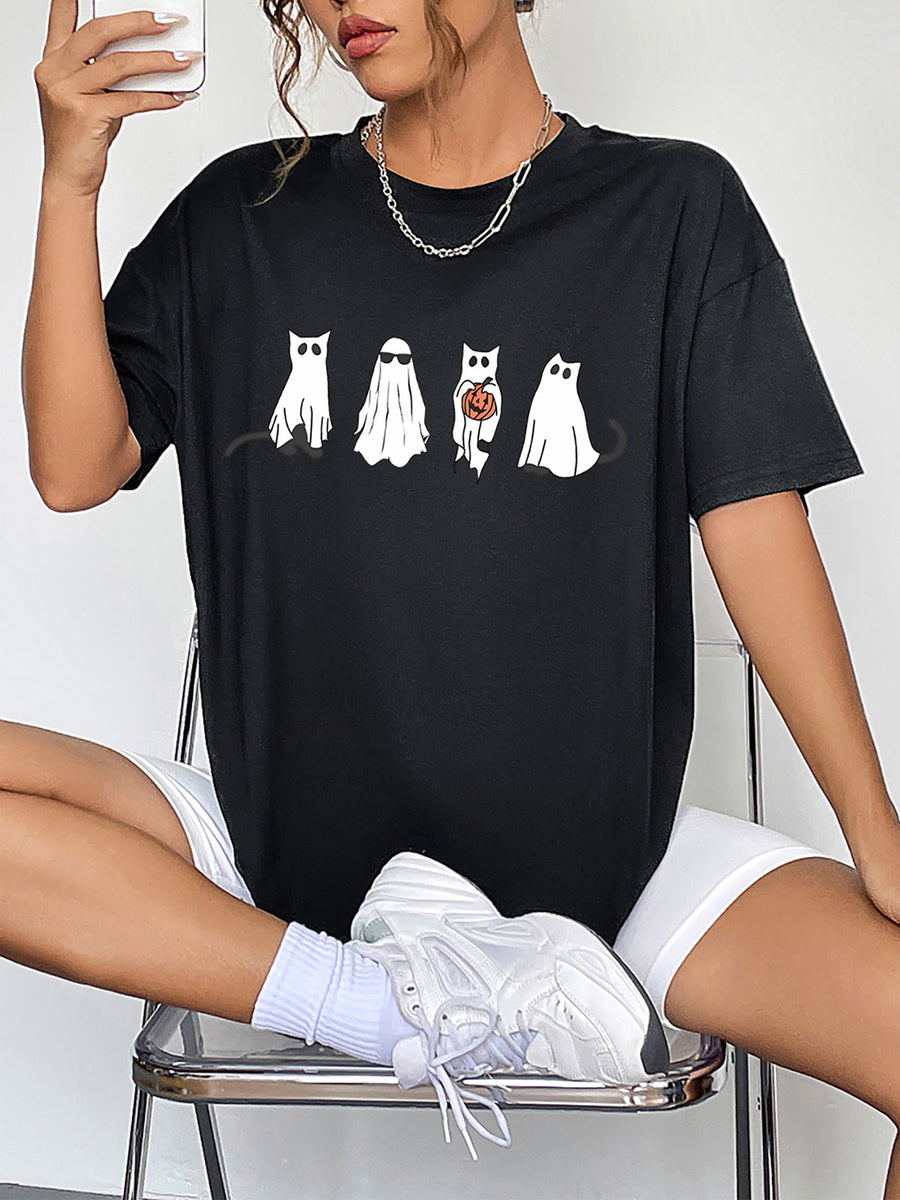 Round Neck Short Sleeve Ghost Graphic T-Shirt Black