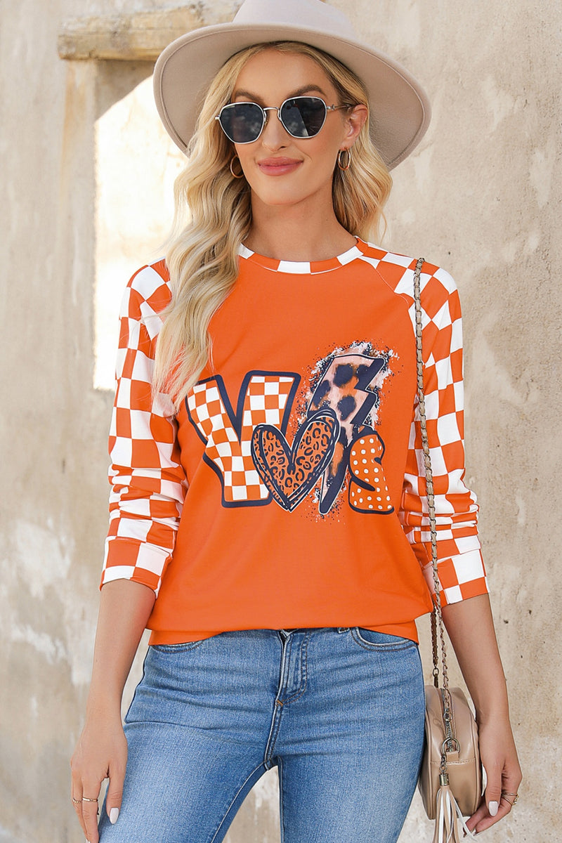 Checkered Round Neck Long Sleeve Sweatshirt