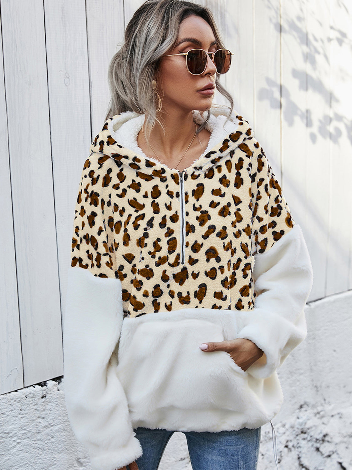 Shiny Leopard Half-Zip Dropped Shoulder Hoodie