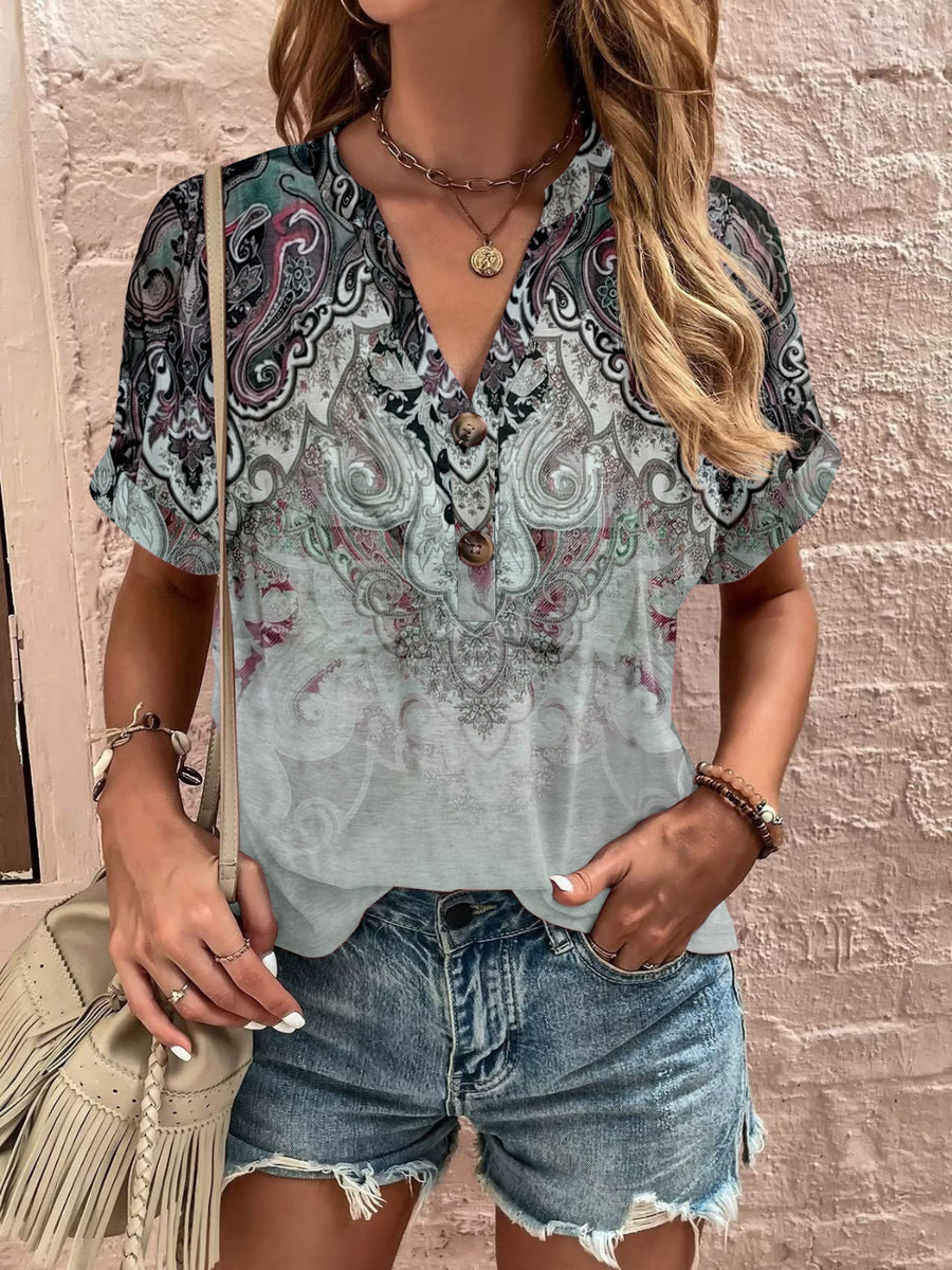 Full Size Printed Notched Short Sleeve Blouse Dark Green