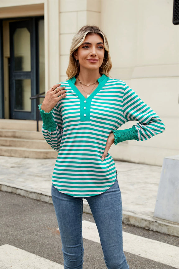 Contrast Striped Notched Long Sleeve Top Turquoise