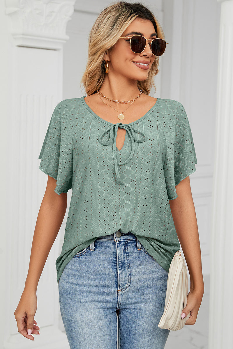 Eyelet Tie Neck Flutter Sleeve Blouse