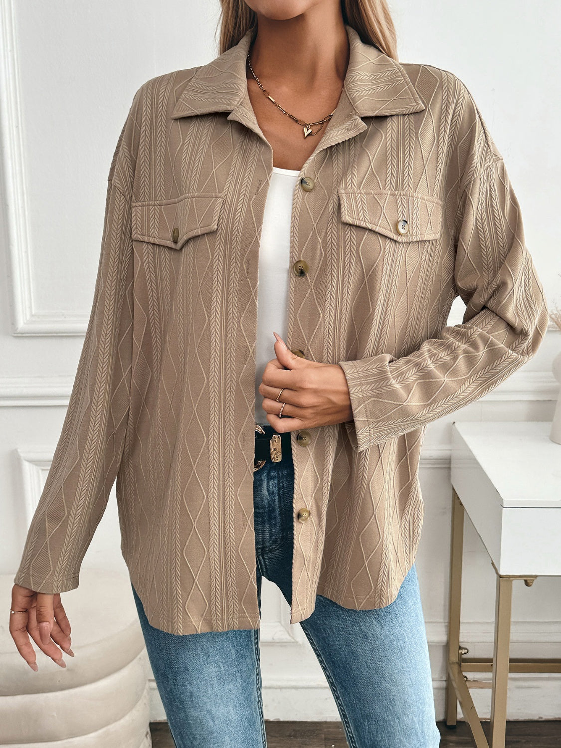 Textured Collared Neck Button Down Shacket Camel