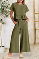 Peplum Round Neck Short Sleeve Top and Pants Set Army Green