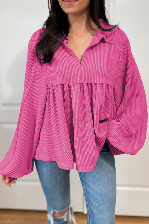 Corded Johnny Collar Long Sleeve Babydoll Blouse Hot Pink