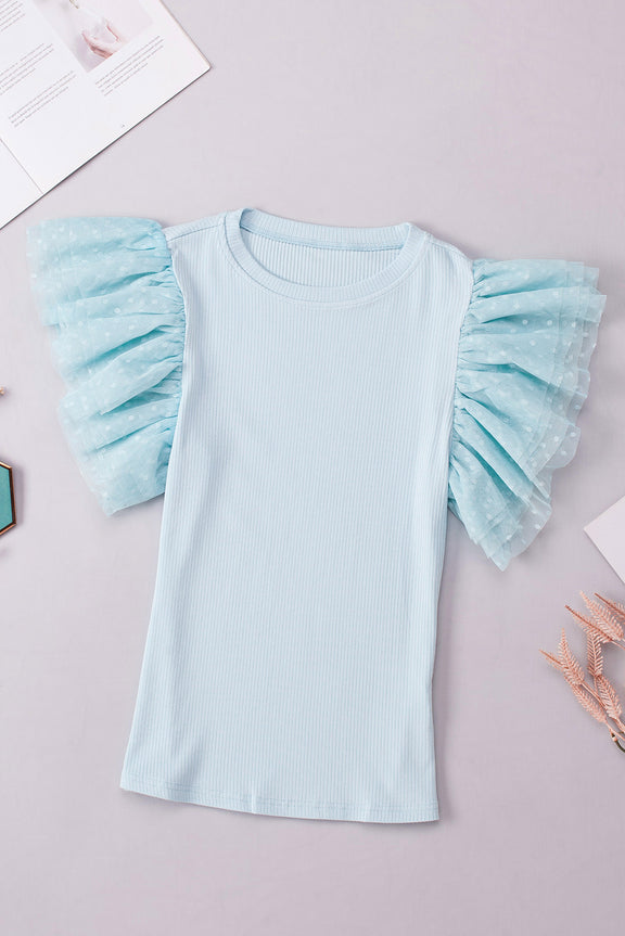 Ruffled Round Neck Cap Sleeve Top