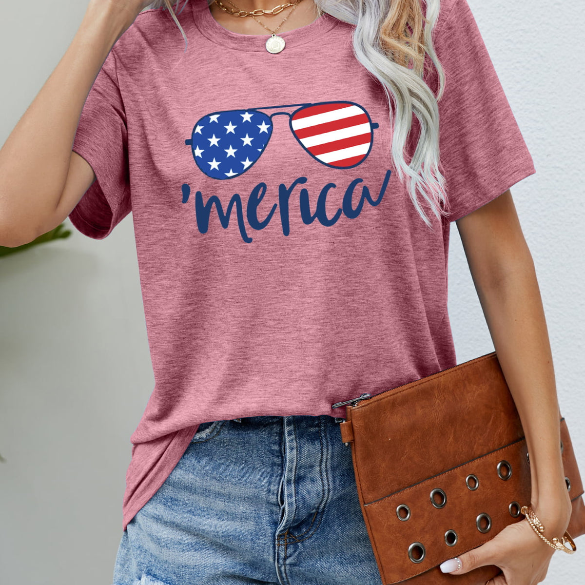 US Flag Glasses Graphic Tee Dusty Pink