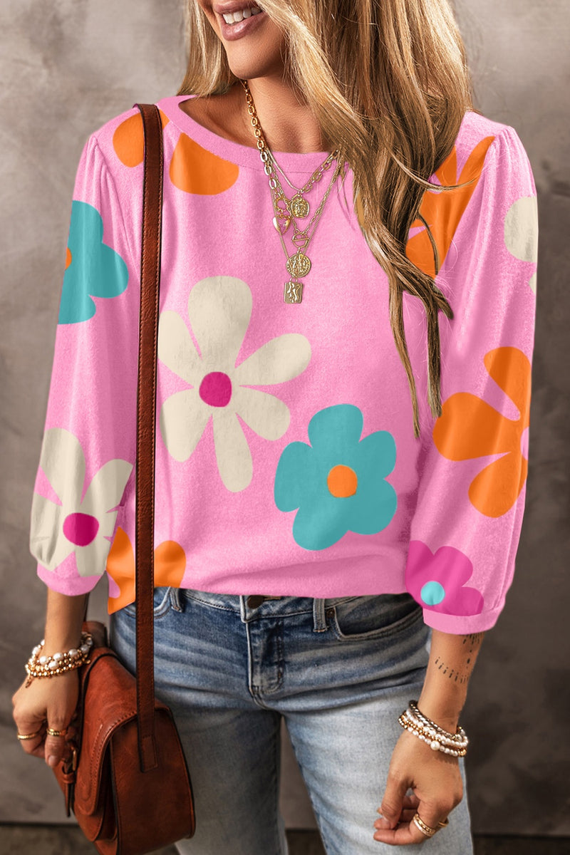 Printed Round Neck Top Pink