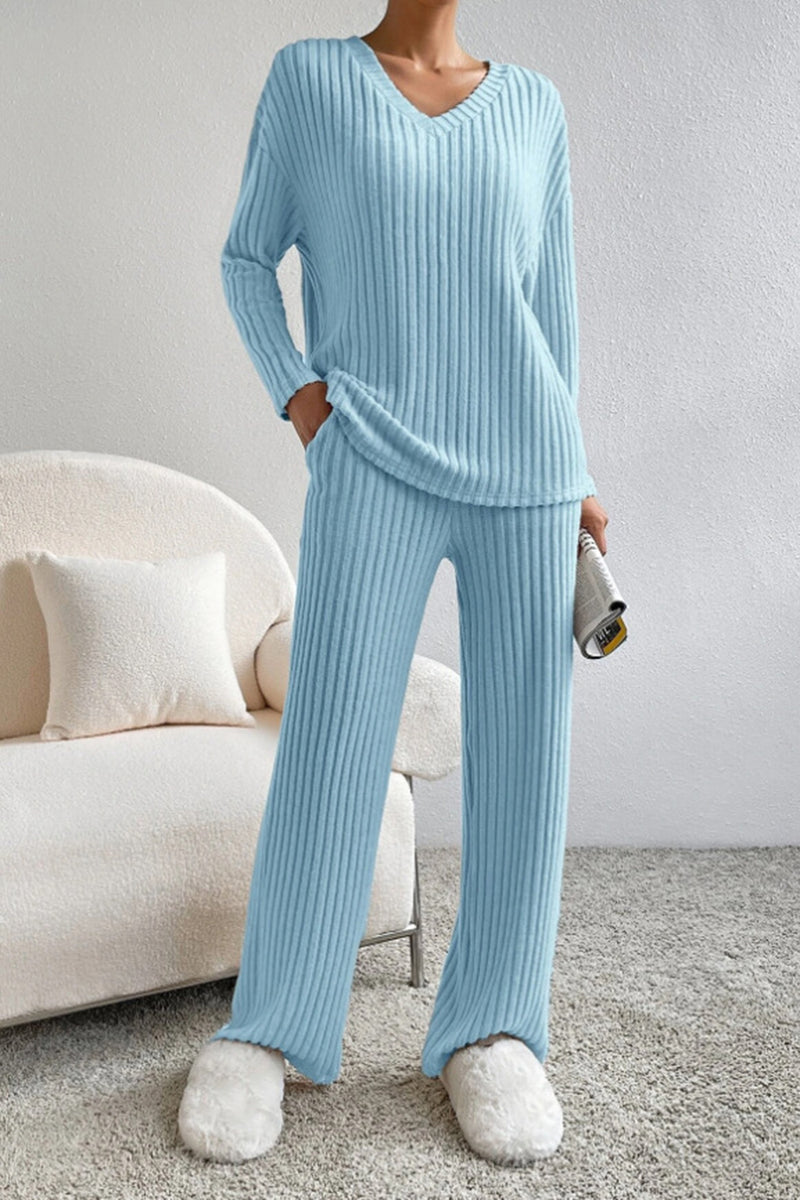 Ribbed V-Neck Top and Pants Set Light Blue