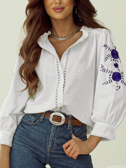 Frill Floral Embroidered Sleeve Shirt White