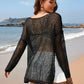 Openwork Slit Boat Neck Long Sleeve Cover-Up