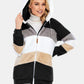 Full Size Drawstring Color Block Zip Up Hooded Outerwear