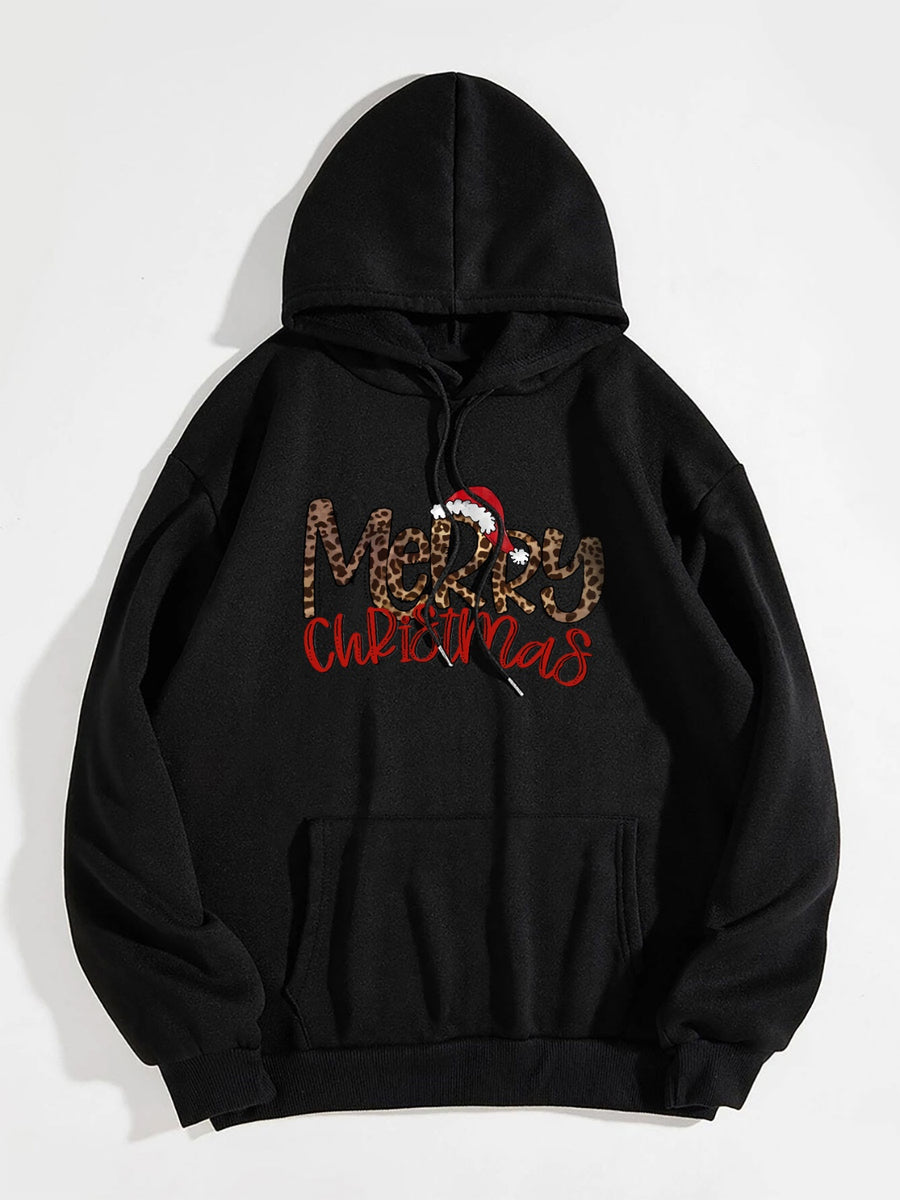 MERRY CHRISTMAS Graphic Drawstring Hoodie Black