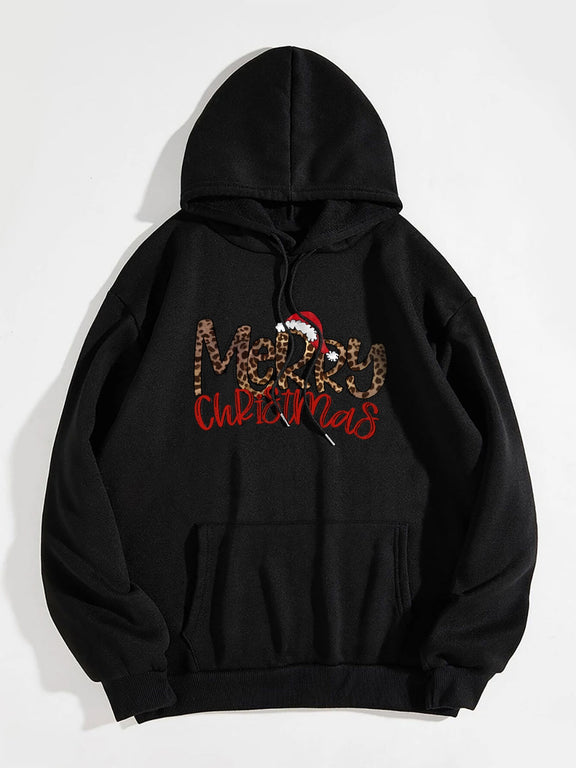 MERRY CHRISTMAS Graphic Drawstring Hoodie Black