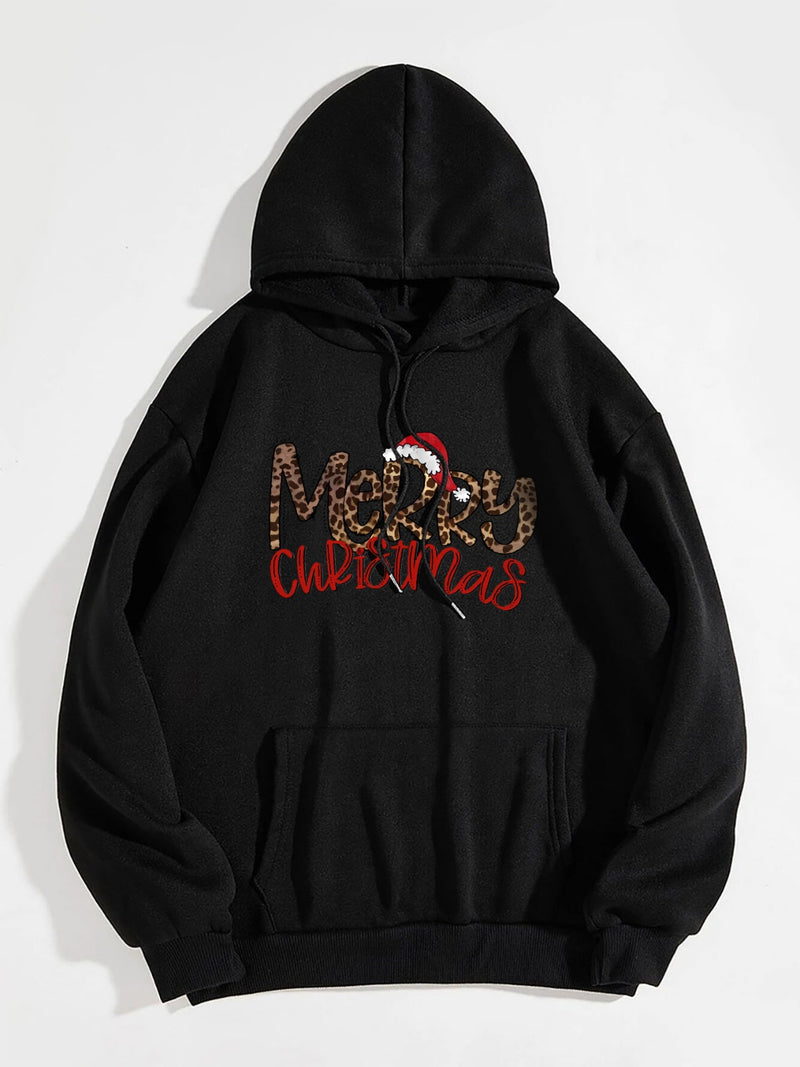 MERRY CHRISTMAS Graphic Drawstring Hoodie Black