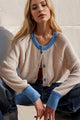 Double Take Contrast Button Up Long Sleeve Cardigan Dust Storm