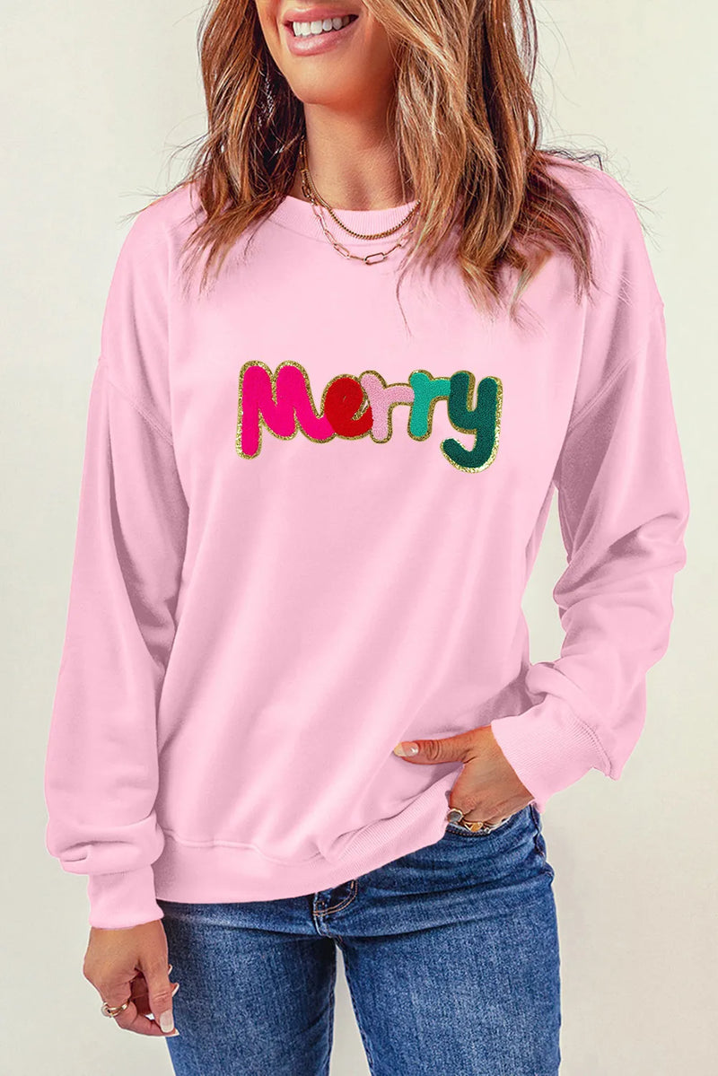 MERRY Round Neck Long Sleeve Sweatshirt Blush Pink