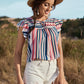 Honey Striped Flutter Sleeve Tied Blouse