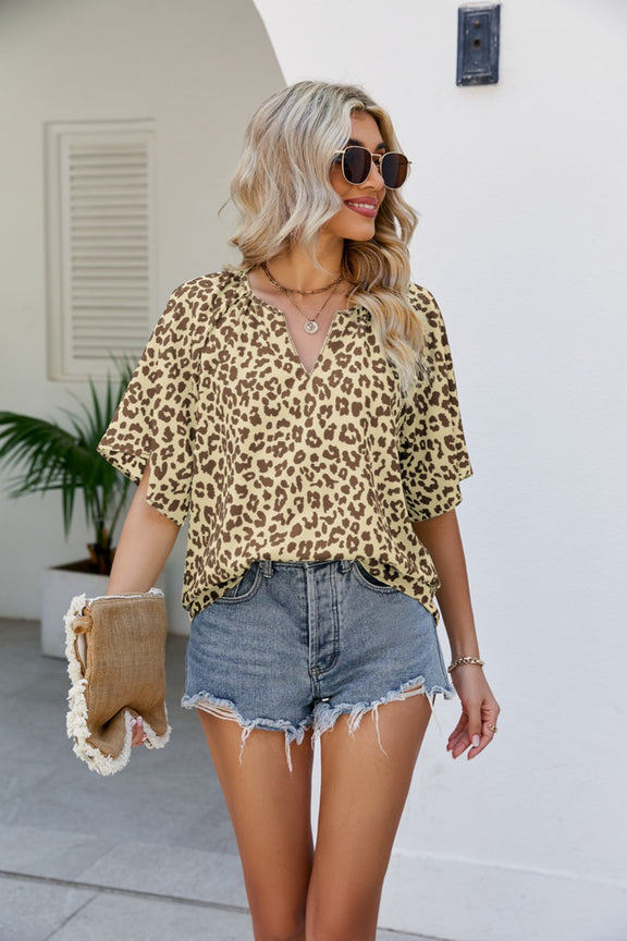 Leopard Notched Half Sleeve Blouse Tan