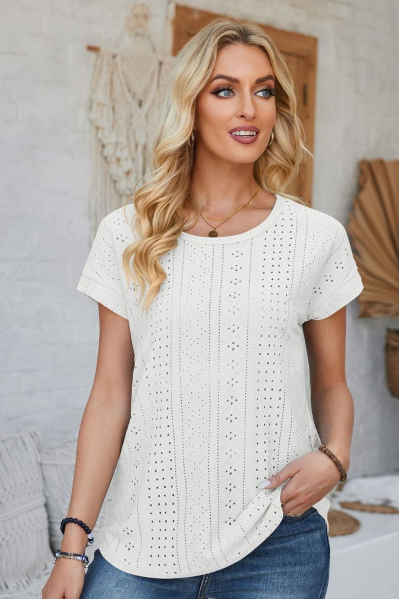 Eyelet Round Neck Rolled Short Sleeve T-Shirt White