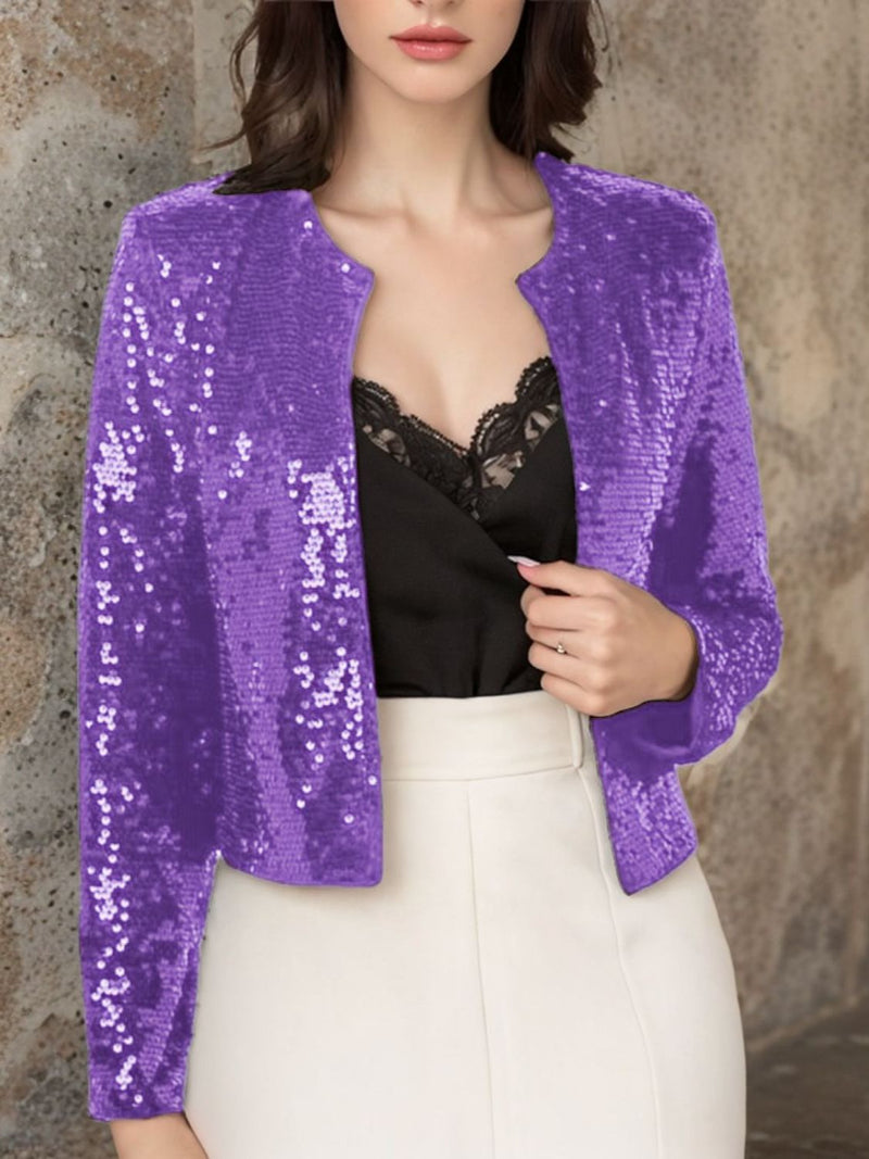 Full Size Sequin Open Front Cropped Jacket Purple