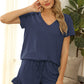 V-Neck Short Sleeve Top and Drawstring Shorts Lounge Set