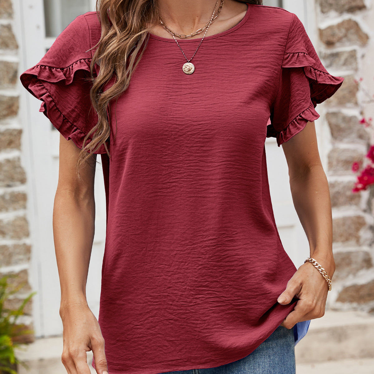 Textured Petal Sleeve Round Neck Tee