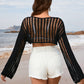 Openwork Boat Neck Long Sleeve Cover-Up