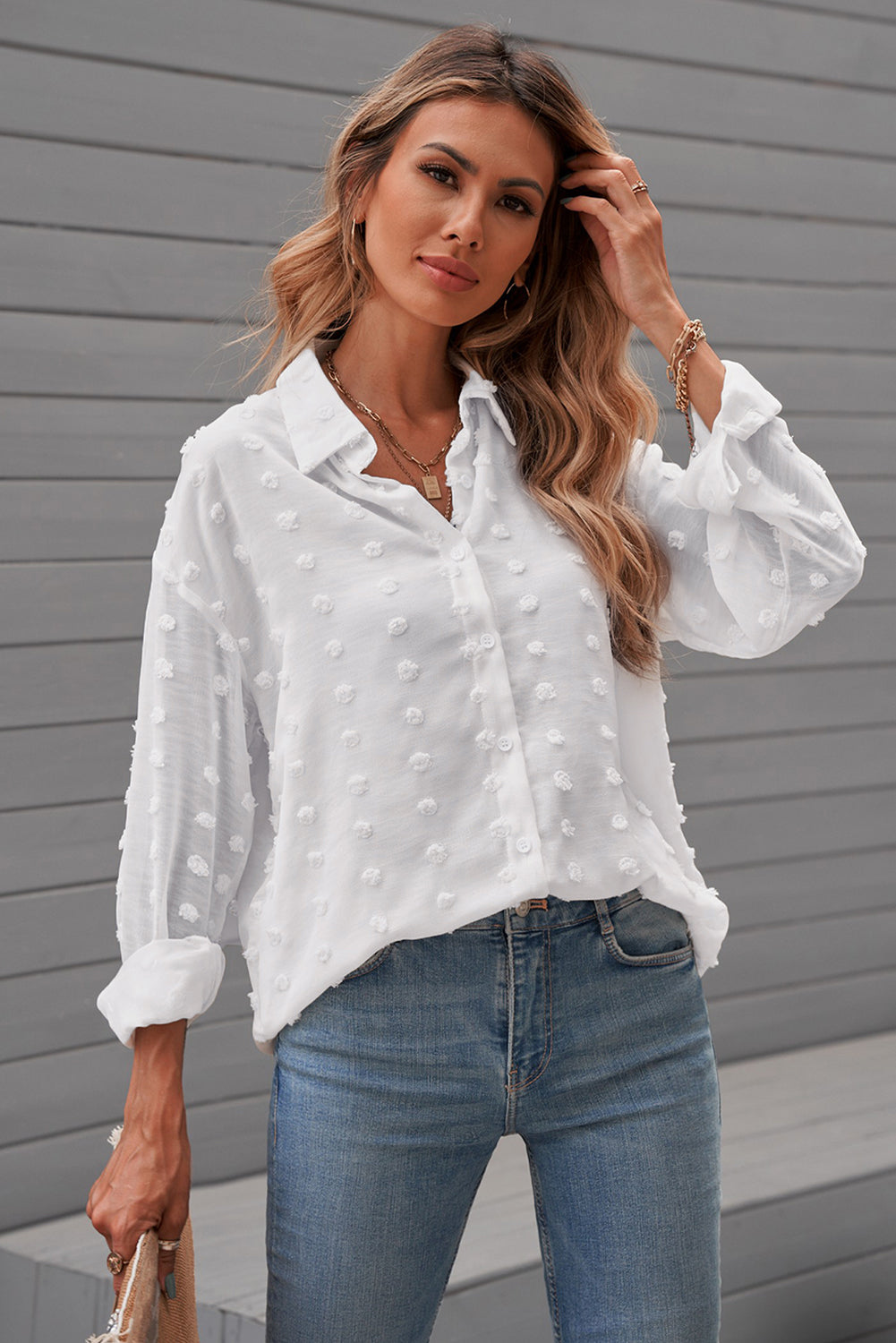 Swiss Dot Button Up Long Sleeve Shirt