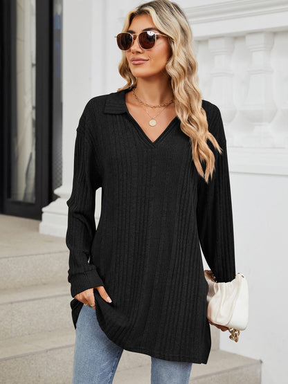 Slit Johnny Collar Long Sleeve T-Shirt Black