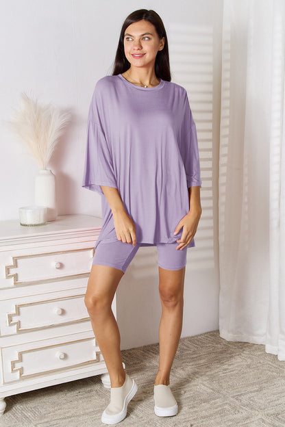 Basic Bae Full Size Soft Rayon Three-Quarter Sleeve Top and Shorts Set Lavender