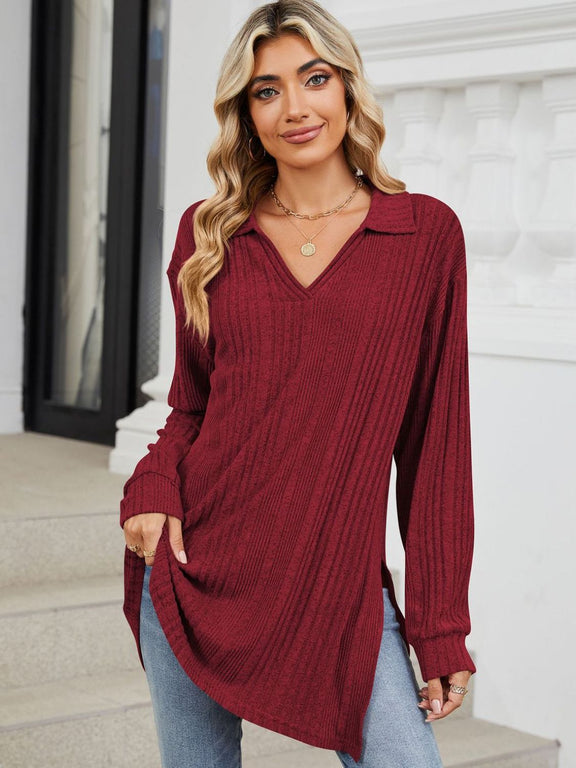 Slit Johnny Collar Long Sleeve T-Shirt Burgundy
