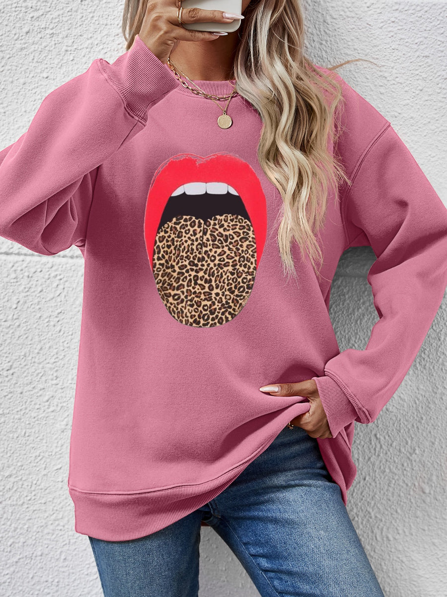 Leopard Lip Graphic Round Neck Sweatshirt Pink Purple