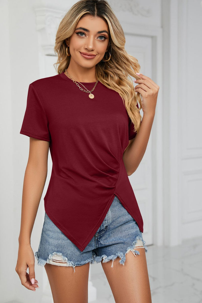 Ruched Hem Detail Crewneck T-Shirt Burgundy