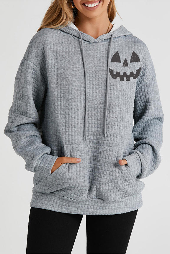 Pumpkin Face Graphic Drawstring Hoodie with Pocket Charcoal