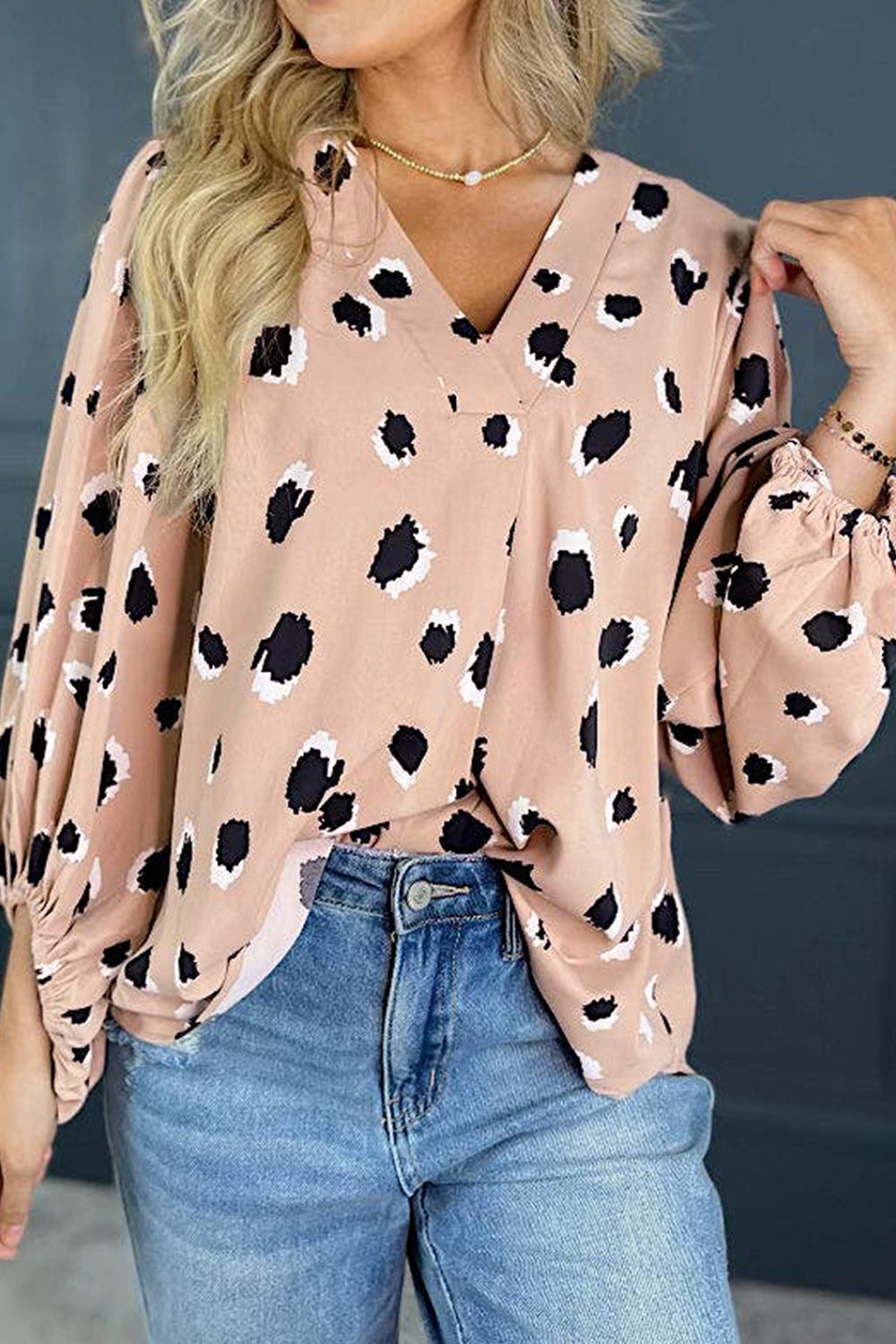 Contrast Animal Print V-Neck Long Sleeve Blouse Dust Storm
