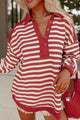 Stripe Johnny Collar Drop Shoulder Sweatshirt Deep Red