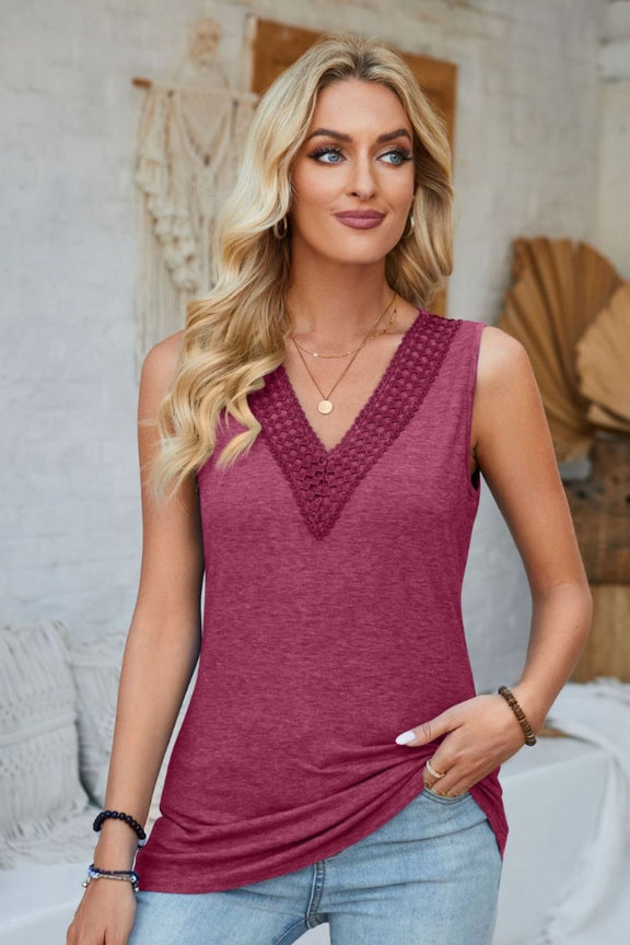 Lace Detail V-Neck Tank Hot Pink