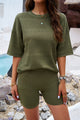 Eyelet Round Neck Top and Shorts Set Matcha Green