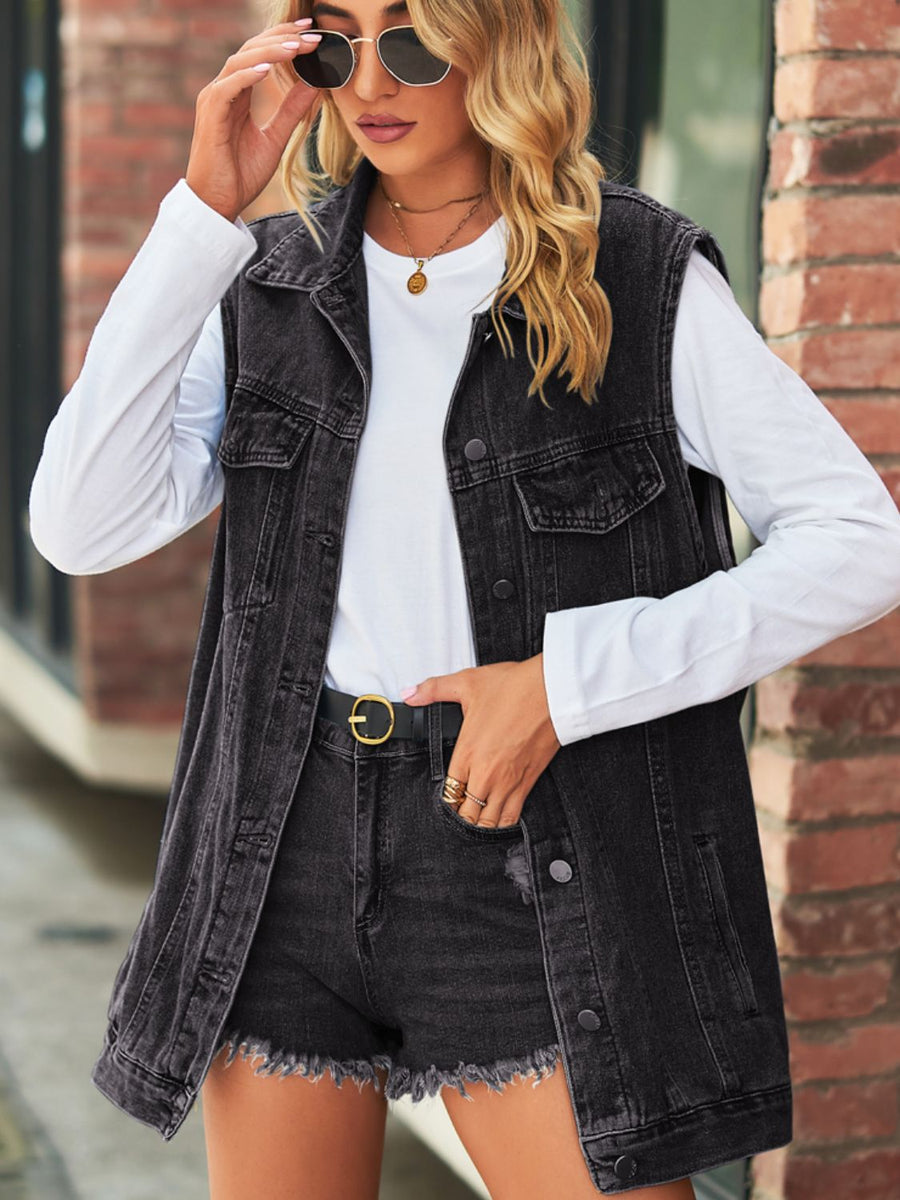 Collared Neck Sleeveless Denim Top with Pockets Black