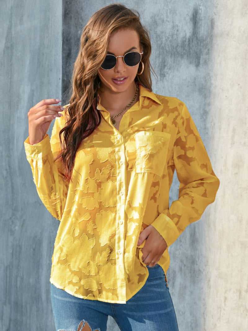 Full Size Collared Neck Long Sleeve Shirt Plus Size Yellow