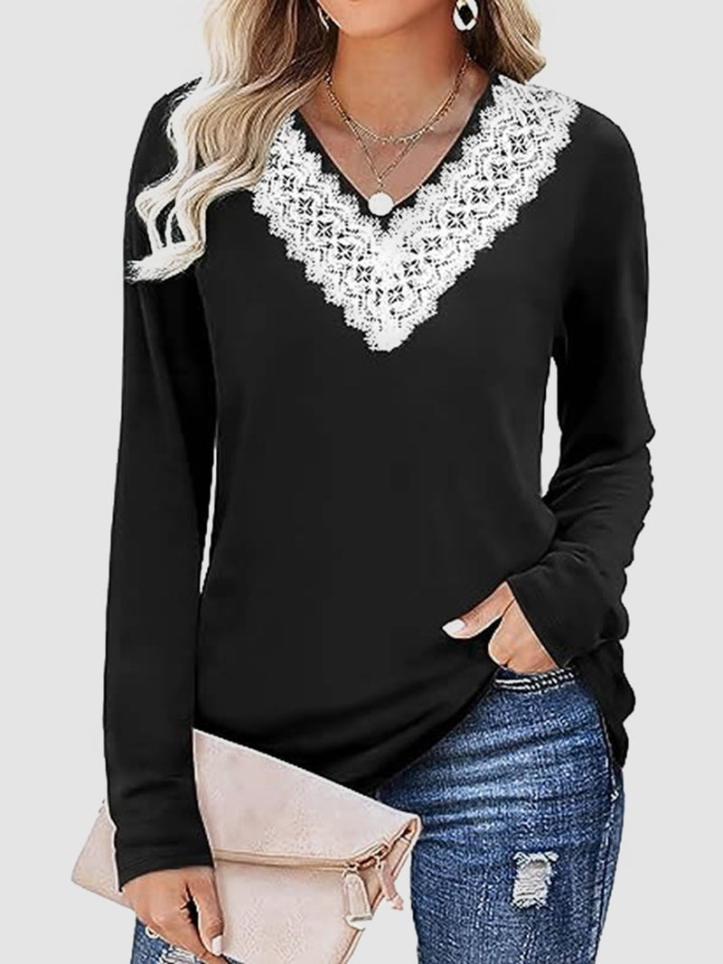 Lace Detail V-Neck Long Sleeve T-Shirt Black