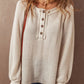 Waffle-Knit Half Button Round Neck Long Sleeve Top