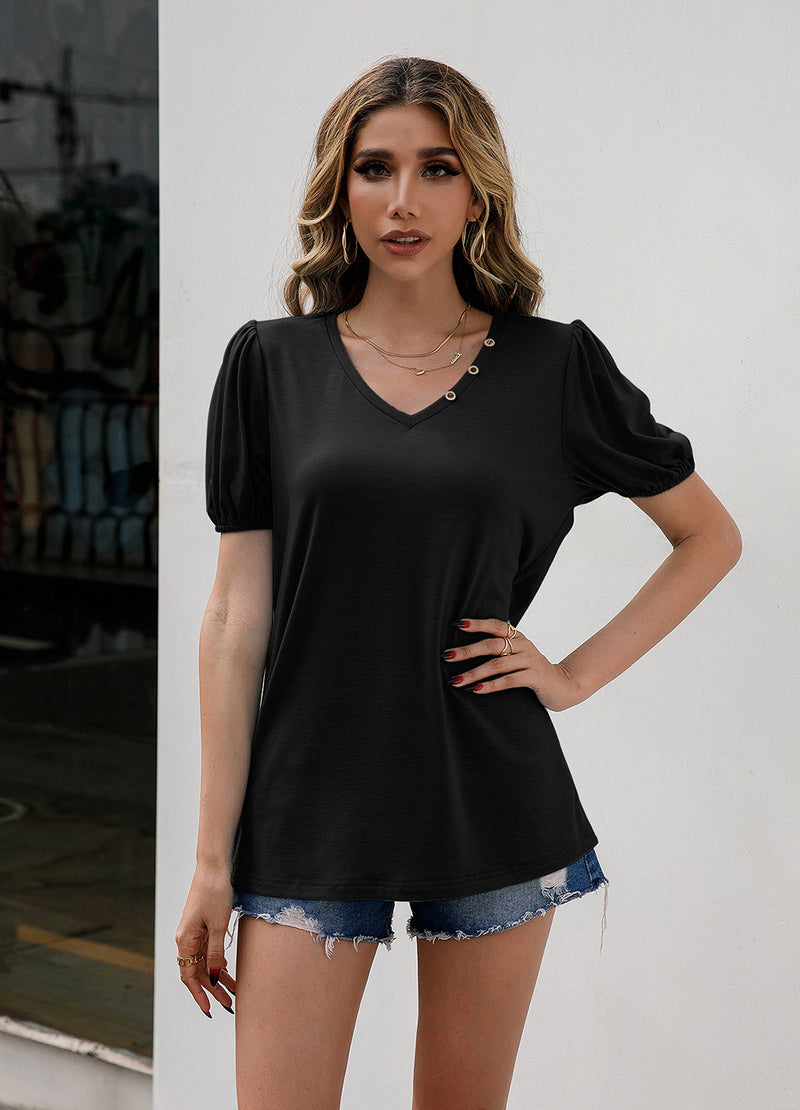 Ivy Lane V-Neck Decorative Buttons Puff Sleeve Tee Black