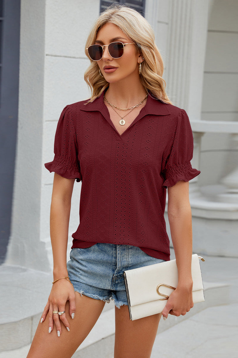 Eyelet Johnny Collar Short Sleeve Blouse Burgundy