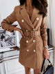 Double-Breasted Belted Blazer Dress Khaki